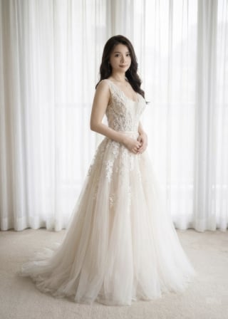 002-Soft-A-Line_Deep-V-Neck_Sleeveless_Champagne-Underlay_Floral-Lace-asian-bridal-hire