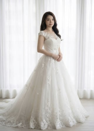 005-Dramatic-A-Line_Illusion-High-Neck_Ruched-Bodice_Lace-Hem-asian-bridal-hire