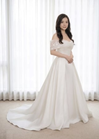 008-Dramatic-A-Line_Off-Shoulder_Satin_Lace-Trim-Cuff-asian-bridal-hire