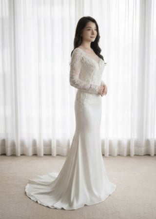 013-Mermaid_Long-Sleeve_Illusion-Deep-V_Lace-Bodice_Crepe-Skirt-asian-bridal-hire