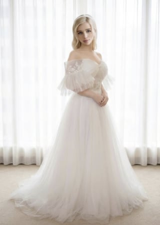 024-Soft-A-Line_Off-Shoulder_Puffy-Tulle-Sleeves_Corset-Bodice_Dotted-Tulle-asian-bridal-hire