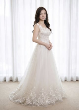 027-Soft-A-Line_Wide-Strap_3D-Floral-Applique_Lace-Hem-asian-bridal-hire