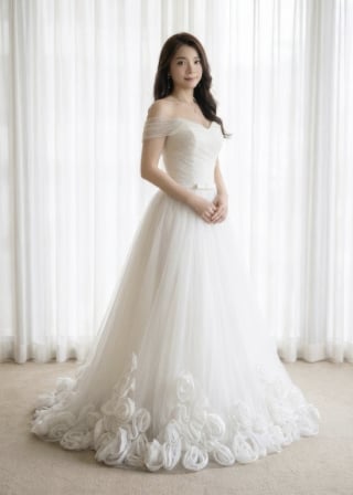 031-Soft-A-Line_Off-Shoulder_Ruched-Bodice_Rosette-Hem-asian-bridal-hire