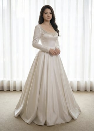 036-Dramatic-A-Line_Long-Sleeve-Satin_Scoop-Neck_Beaded-Trim-asian-bridal-hire