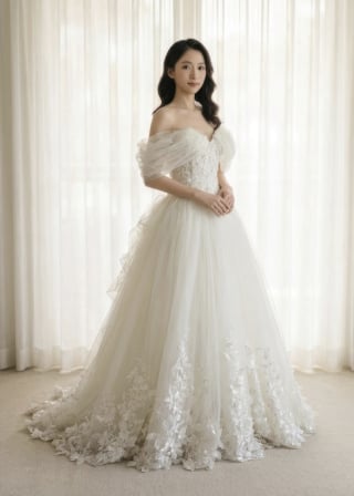 039-Dramatic-A-Line_Off-Shoulder_Draped-Swag-Sleeve_3D-Floral-Hem-asian-bridal-hire