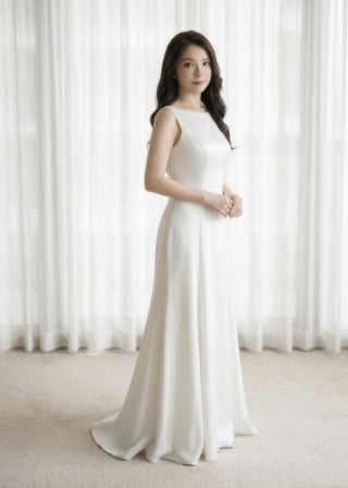 053-Sheath_Sleeveless_Boat-Neck_Minimalist-Satin_Clean-asian-bridal-hire