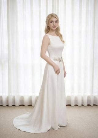 054-Sheath_Sleeveless_Boat-Neck_Satin_Crystal-Belt-asian-bridal-hire