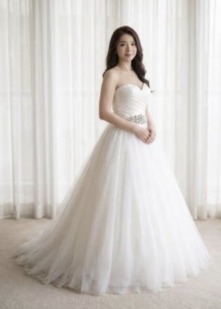 058-Dramatic-A-Line_Strapless-Sweetheart_Diagonal-Ruched-Bodice_Crystal-Sash-asian-bridal-hire