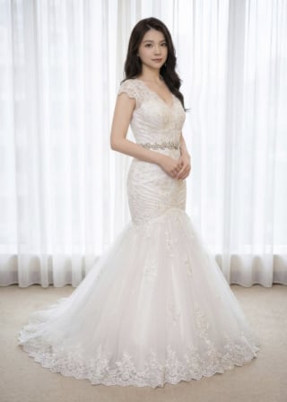 067-Mermaid_Cap-Sleeve_V-Neck_Beaded-Belt_Lace-Hem-asian-bridal-hire