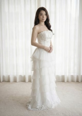 068-Sheath_Strapless_Lace-Bodice_Tiered-Pleated-Skirt-asian-bridal-hire
