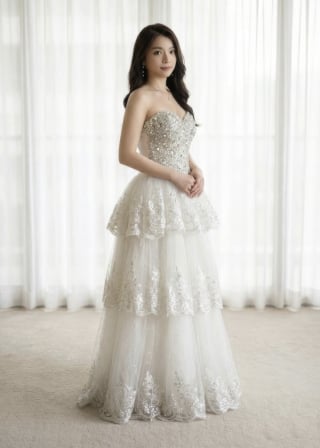 071-Soft-A-Line_Strapless_Crystal-Bodice_Tiered-Lace-Skirt-asian-bridal-hire