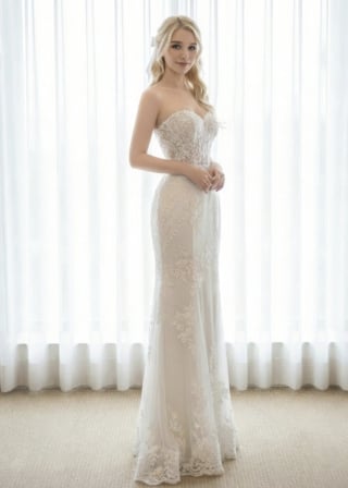 073-Sheath_Strapless-Sweetheart_Floral-Lace-Applique_Scalloped-Hem-asian-bridal-hire