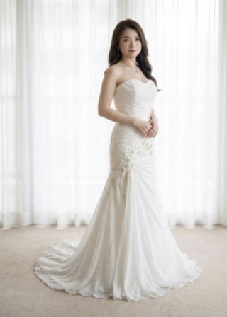 077-Trumpet_Strapless-Sweetheart_Asymmetrical-Ruching_Floral-Hip-Detail-asian-bridal-hire