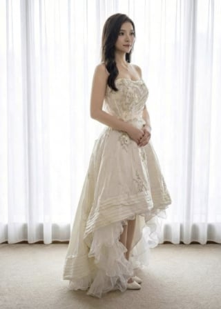 078-Soft-A-Line_Strapless_High-Low-Hem_Textured-Embroidery_Ruffled-Underskirt-asian-bridal-hire