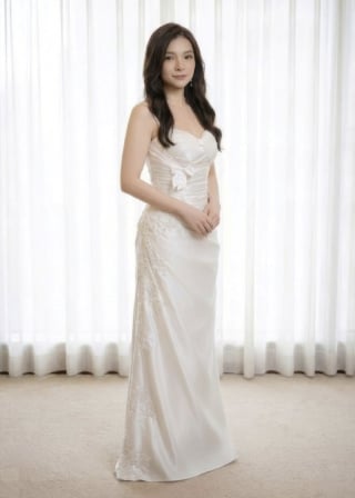 082-Sheath_Spaghetti-Strap_Satin_Asymmetrical-Ruched-Bow_Lace-Side-asian-bridal-hire