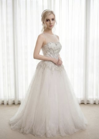 083-Dramatic-A-Line_Strapless_Champagne-Gold_Silver-Metallic-Embroidery-asian-bridal-hire