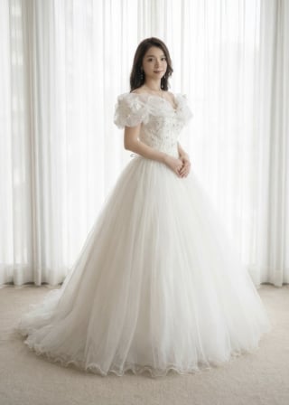 090-Dramatic-A-Line_Off-Shoulder_Puffy-Ruffled-Sleeves_Beaded-Bodice-asian-bridal-hire