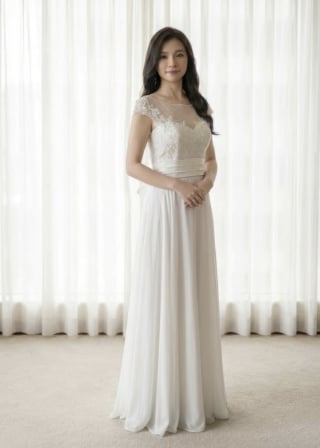 104-Slim-A-Line_Illusion-Neckline_Cap-Sleeve_Lace-Bodice_Chiffon-Skirt-asian-bridal-hire