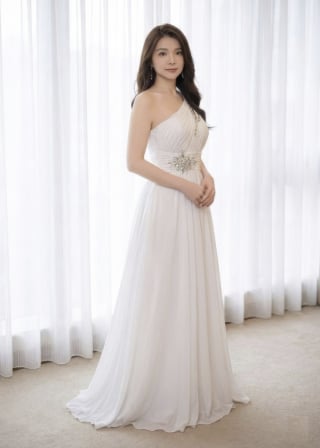105-Slim-A-Line_One-Shoulder_Grecian-Drape_Crystal-Waist-Applique-asian-bridal-hire
