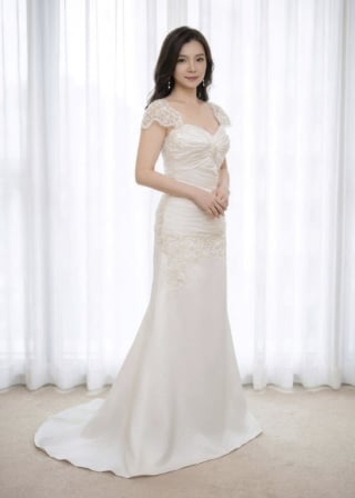 106-Mermaid_Lace-Cap-Sleeve_Ruched-Bodice_Dropped-Waist_Lace-Hip-Detail-asian-bridal-hire