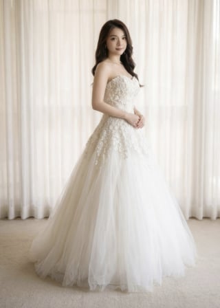 111-Dramatic-A-Line_Strapless_3D-Floral-Applique_Full-Tulle-Skirt-asian-bridal-hire