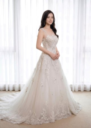 115-Dramatic-A-Line_Illusion-High-Neck_Beaded-Floral-Lace_Lace-Hem-asian-bridal-hire