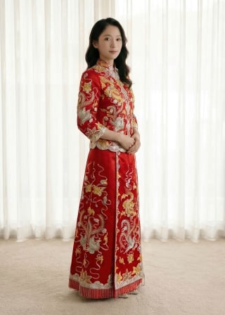 023-Soft-A-Line_Off-Shoulder_Half-Sleeve_Beaded-Belt_Scalloped-Lace-Hem-asian-bridal-hire