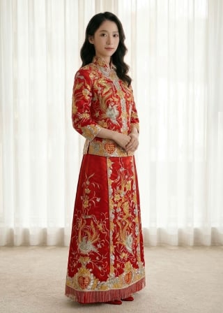 022-Soft-A-Line_Long-Sleeve_Illusion-High-Neck_Lace-Overlay_Scattered-Lace-Skirt-asian-bridal-hire