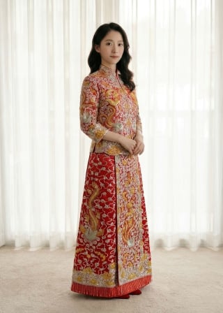 022-Soft-A-Line_Long-Sleeve_Illusion-High-Neck_Lace-Overlay_Scattered-Lace-Skirt-asian-bridal-hire